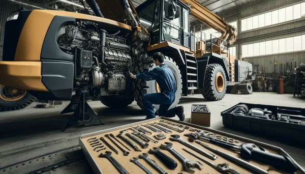 DALL·E 2024-05-29 16.02.46 - A technician performing preventive maintenance on a heavy construction vehicle. The image shows the technician working on the engine with various tool