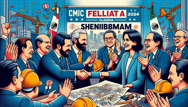 DALL·E 2024-06-06 16.23.43 - A horizontal image of Claudia Sheinbaum being congratulated by members of the Cámara Mexicana de la Industria de la Construcción (CMIC) after her vict