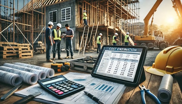 DALL·E 2024-06-19 14.47.26 - A detailed image showing construction workers using technology for cost estimation on a small project site. The scene includes a tablet with cost esti