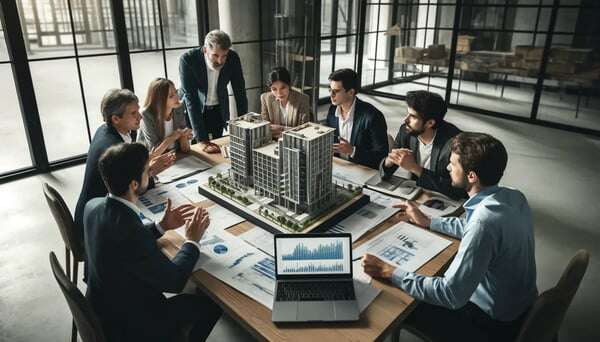 DALL·E 2024-04-25 10.29.44 - A meeting of a construction project team around a table. Members are discussing over a model of a building architecture, with a laptop open showing bu